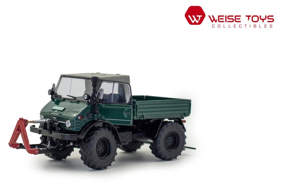 Miniaturmodell Unimog 406 (U84) Moosgrün mit Klappverdeck-Fahrerhaus von Weise-Toys, Maßstab 1:32